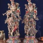 Radha Krishna Statue Pure Brass 27" Tall | Intricate Stonework & Meenakari | Divine Love Sculpture | 40 kg Lotus Base | Home Temple Decor